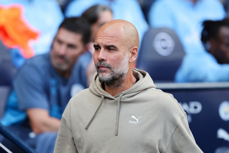 MANCHESTER, ENGLAND - AUGUST 24: Pep Guardiola, Manager of Manchester City, looks on prior to the Premier League match between Manchester City FC and Ipswich Town FC at Etihad Stadium on August 24, 2024 in Manchester, England. (Photo by Matt McNulty/Getty Images)
