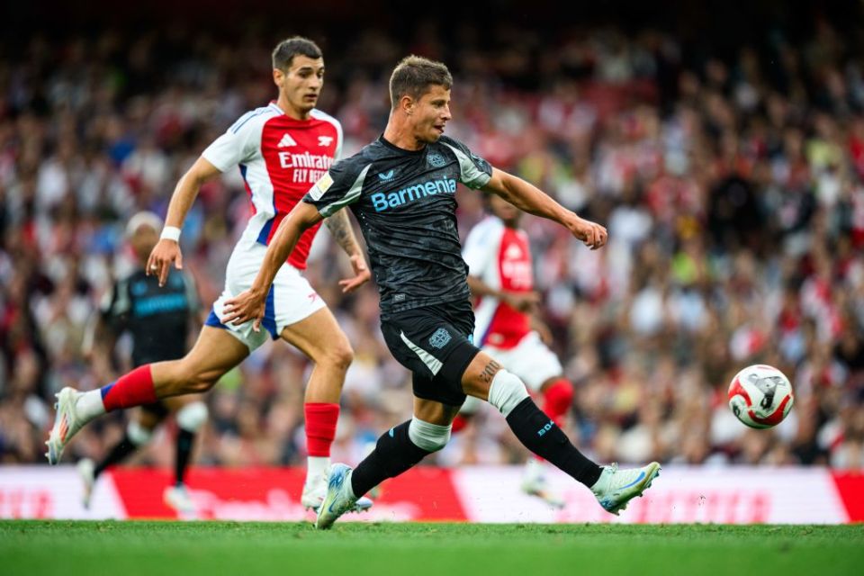 LONDON, ENGLAND - AUGUST 07: Adam Hlozek of Leverkusen scoreshis teams first goal during the pre-season friendly match between Arsenal and Bayer 04 Leverkusen at Emirates Stadium on August 07, 2024 in London, England. (Photo by JÃ¶rg SchÃ¼ler/Bayer 04 Leverkusen via Getty Images)