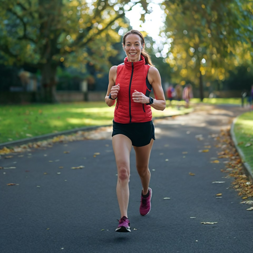 a woman in a red vest is running down a path