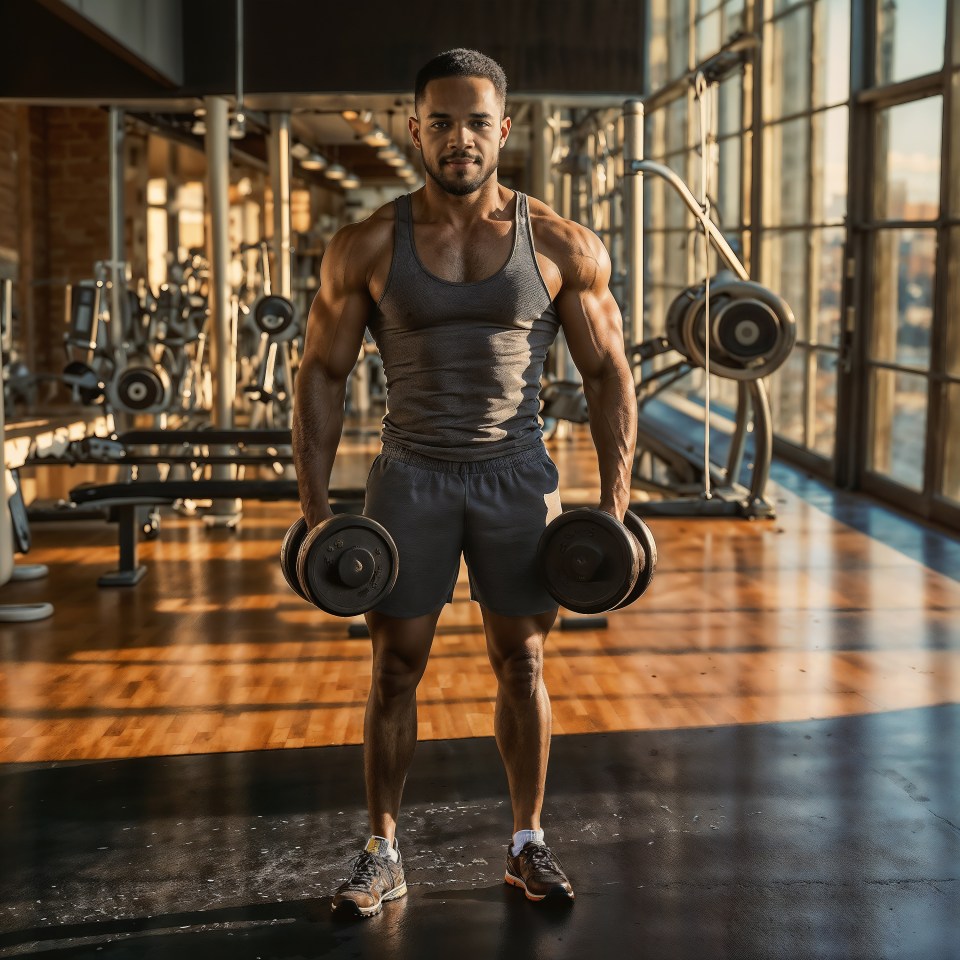 a man is holding two dumbbells in a gym