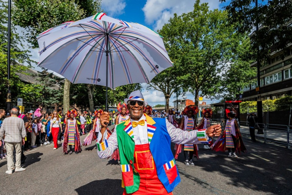Mandatory Credit: Photo by Guy Bell/REX/Shutterstock (14660321c) Kinetika Bloco are the first group throug - The Children's Day on the Sunday of the Notting Hill Carnival. The annual event on the streets of the Royal Borough of Kensington and Chelsea, over the August bank holiday weekend. It is led by members of the British West Indian community, and attracts around one million people annually, making it one of the world's largest street festivals. Notting Hill Carnival, London, UK., Notting Hill, London, UK - 25 Aug 2024