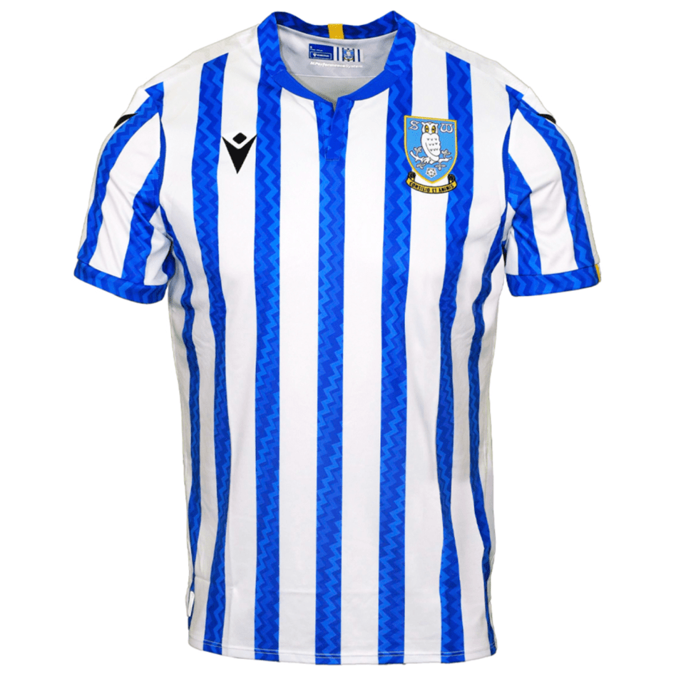 a blue and white striped shirt with a crest on the front