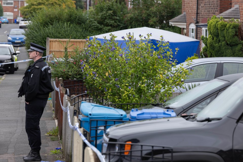 a police officer stands in front of a fence with a blue tent in the background