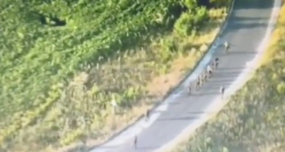 a group of people are walking down a road .