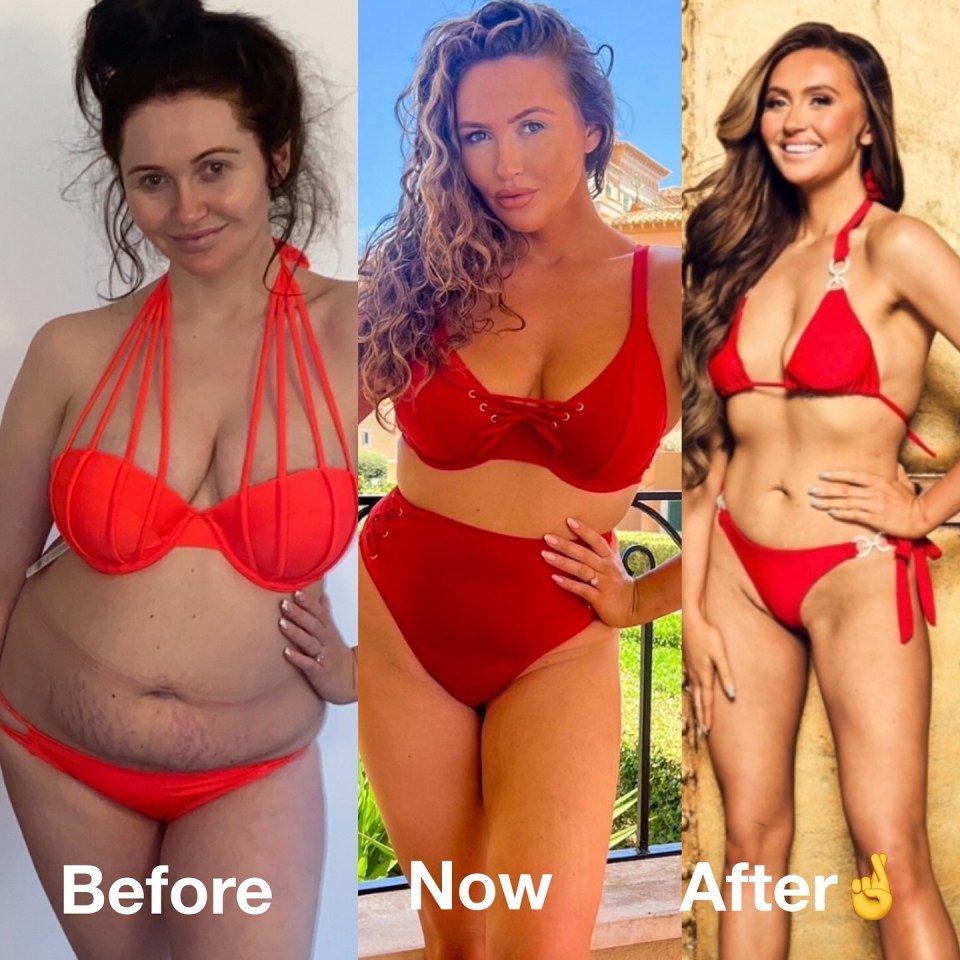 a before and after photo of a woman in a red bikini