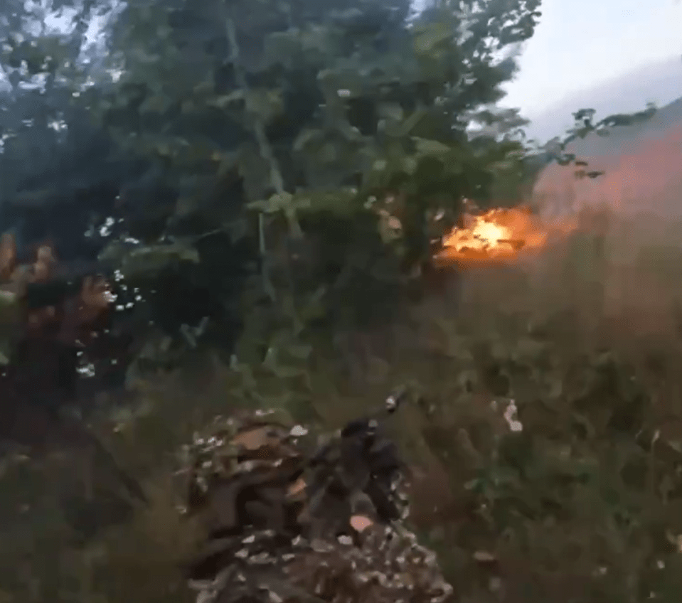 a soldier is standing in a field with a fire in the background