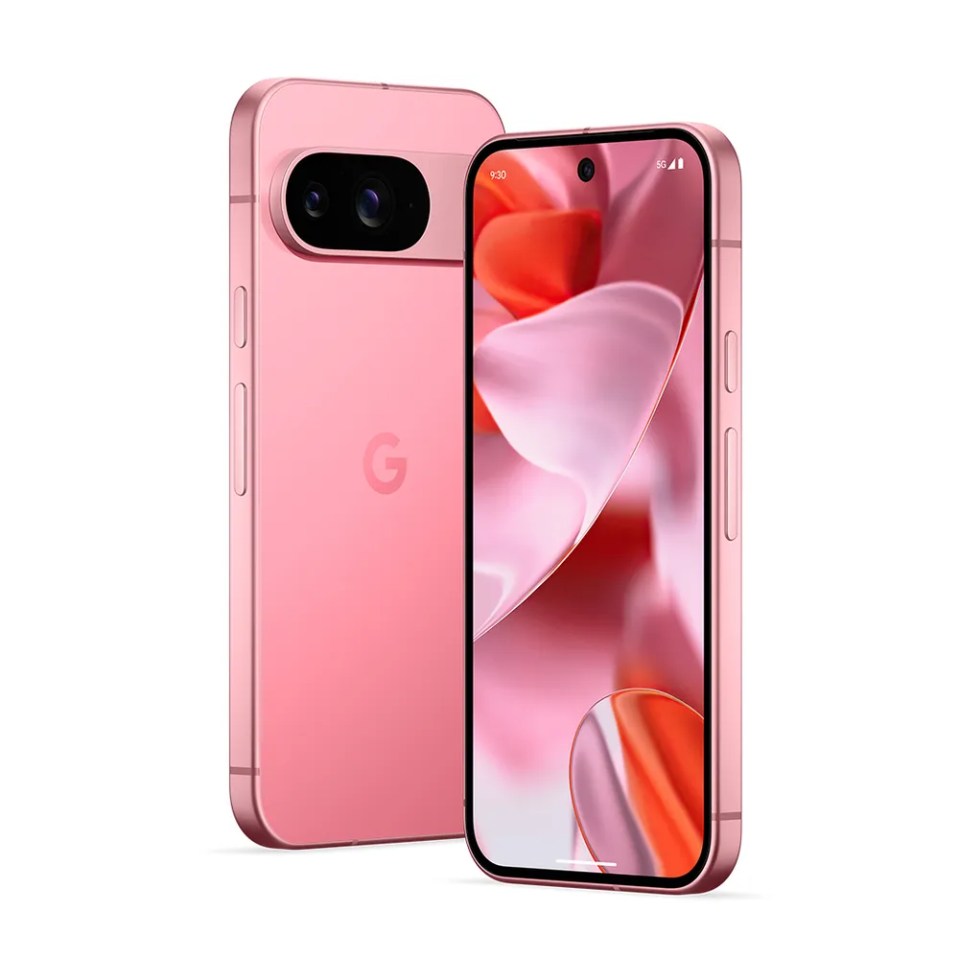 the front and back of a pink google phone