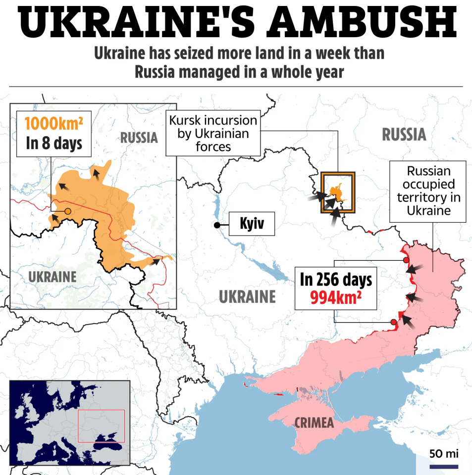 a map showing ukraine has seized more land in a week than russia managed in a whole year