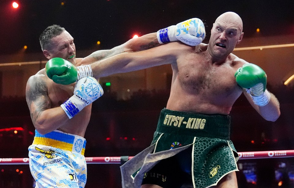 two men in boxing gloves one of whom is wearing a belt that says gypsy-king