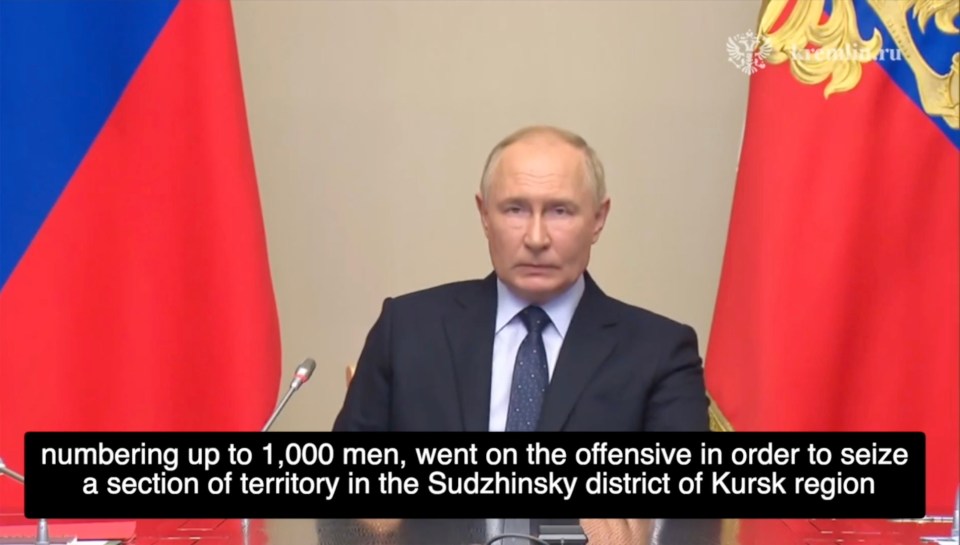 Vladimir Putin holds an emergency meeting of Russian Security Council, with Valery Gerasimov, the Chief of the General Staff of Russias Armed Forces, reporting on the current situation in Kursk region