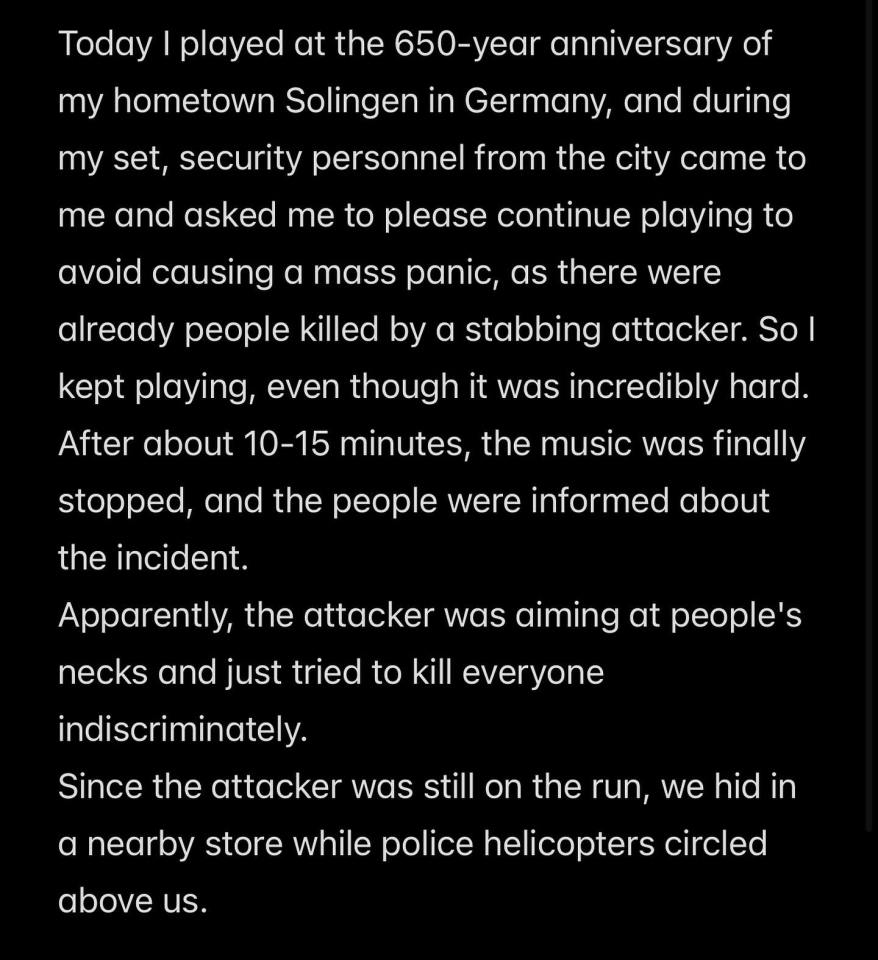 KNIFE HORROR DJ performing at Solingen festival in Germany was 'told to carry on playing' during mass stabbing as cops hunt killer, , (taken without permission), , http://www.instagram.com/p/C_B7bUVCZpe/?img_index=1