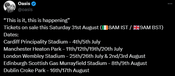 a tweet from oasis about tickets on sale on saturday 31st august