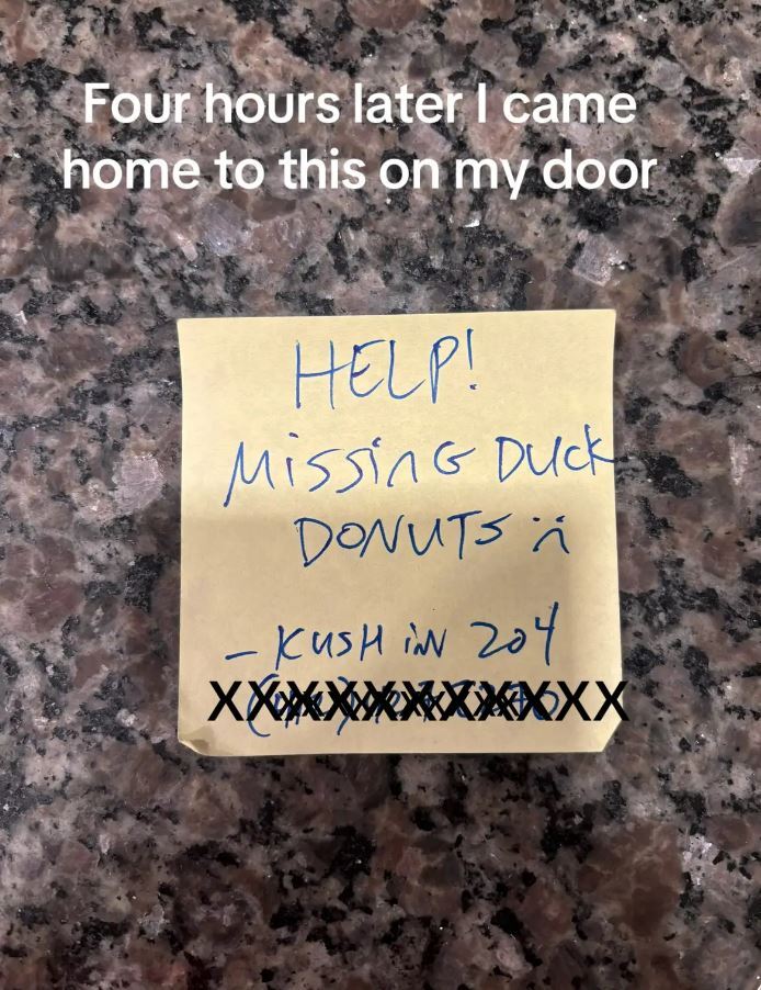 a sticky note that says help missing duck donuts