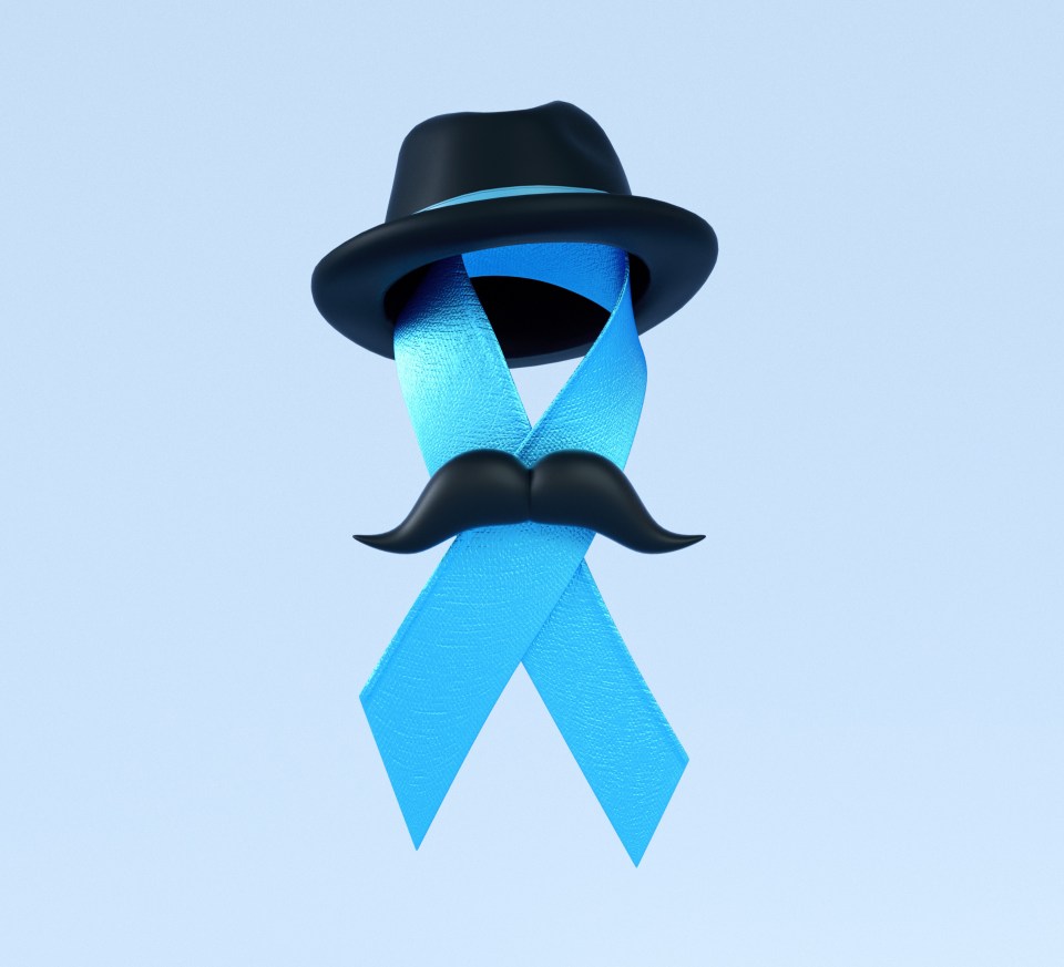 Blue ribbon with hat, moustache and copy space isolated on a blue background for Blue November and Prostate Cancer Awareness Month social media post or poster design