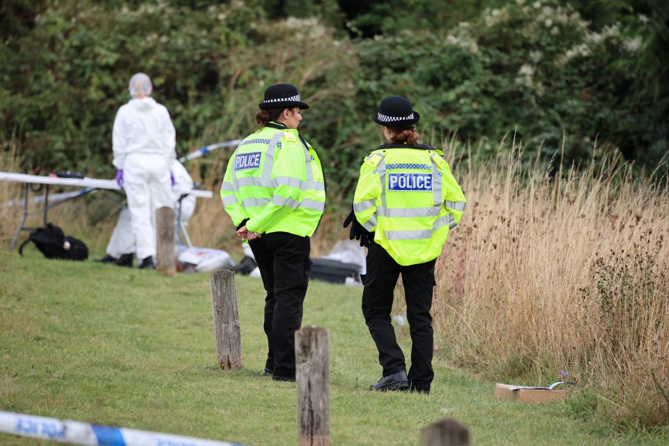 a couple of police officers standing in a field