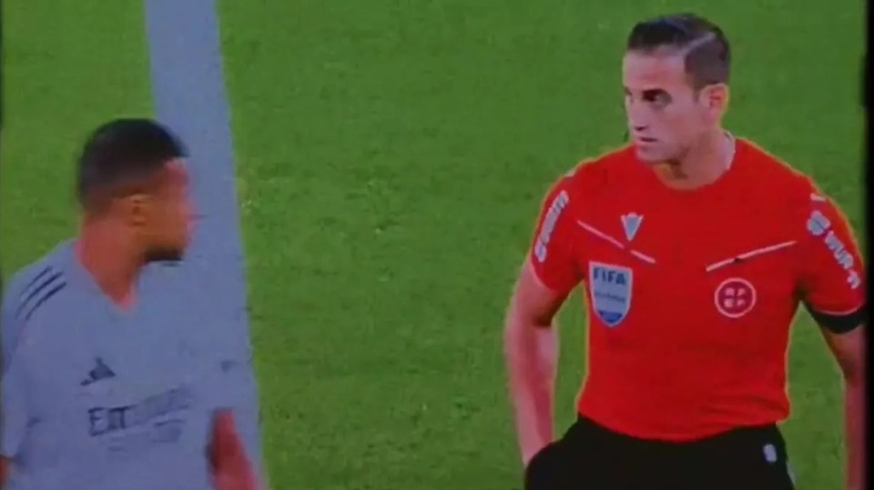 a referee is standing next to a soccer player on a field .