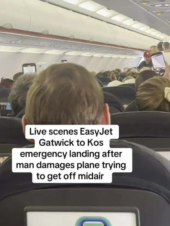 a group of people sitting on an airplane with a caption that says live scenes easyjet gatwick to kos