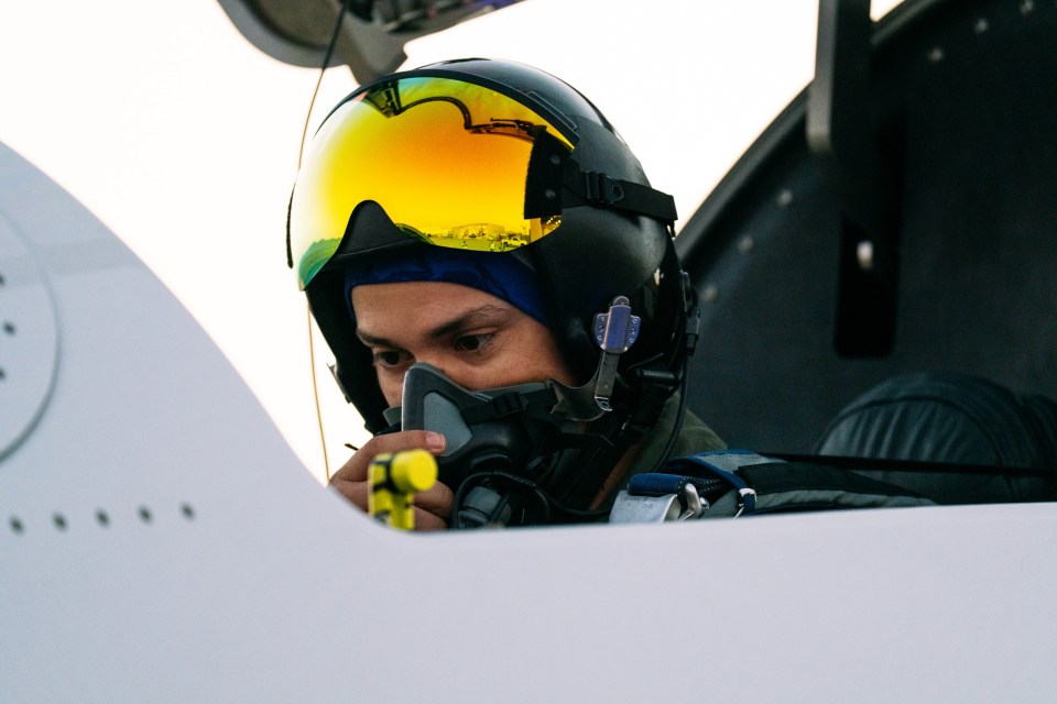 Pilot  Tristan "Geppetto Brandenburg tests flight - plane  XB-1 taking off from the Mojave Desert in California