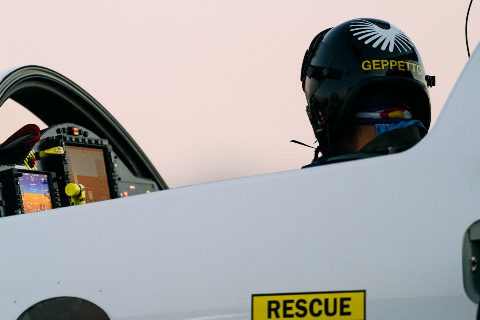 Pilot  Tristan "Geppetto Brandenburg tests flight - plane  XB-1 taking off from the Mojave Desert in California