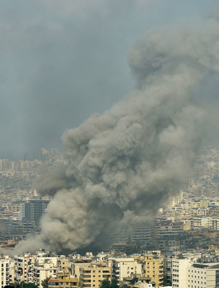 epa11629651 Smoke rises following Israeli strikes in the southern suburbs of Beirut, Lebanon, 28 September 2024. The Israeli army (Tsahal) carried out a new series of attacks on the central offices of Hezbollah in Beirut on the morning of September 28, following a massive attack the day before that killed at least six people and wounded dozens of others, according to the Lebanese Ministry of Health. On September 27, the Israeli army announced in a statement that it had 'carried out a precise strike on the Central Headquarters of the Hezbollah' that were 'intentionally built under residential buildings in the heart of the Dahyeh.' EPA/WAEL HAMZEH