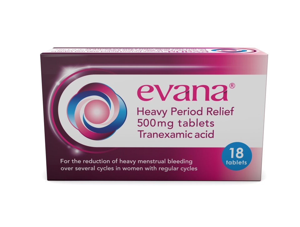 a box of evana heavy period relief 500mg tablets