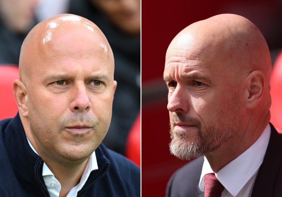 FILE PHOTO (EDITORS NOTE: COMPOSITE OF IMAGES - Image numbers 2168469488, 2149628448) In this composite image a comparison has been made between Arne Slot, Manager of Liverpool (L) and Erik ten Hag, Manager of Manchester United. Manchester United and Liverpool play each other in a Premier League match at Old Trafford on September 1,2024 in Manchester, England. ***LEFT IMAGE*** LIVERPOOL, ENGLAND - AUGUST 25: Arne Slot, manager of Liverpool looks on during the Premier League match between Liverpool FC and Brentford FC at Anfield on August 25, 2024 in Liverpool, England. (Photo by Michael Regan/Getty Images) ***RIGHT IMAGE*** LONDON, ENGLAND - APRIL 21: Erik ten Hag, Manager of Manchester United during the Emirates FA Cup Semi Final match between Coventry City and Manchester United at Wembley Stadium on April 21, 2024 in London, England. (Photo by Richard Heathcote/Getty Images) (Photo by Michael Regan/Richard Heathcote/Getty Images)