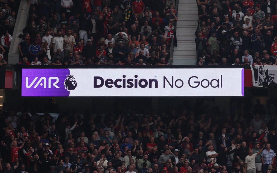 MANCHESTER, ENGLAND - SEPTEMBER 01: The screen shows the VAR no goal decision for Liverpoolduring the Premier League match between Manchester United FC and Liverpool FC at Old Trafford on September 01, 2024 in Manchester, England. (Photo by Catherine Ivill - AMA/Getty Images)