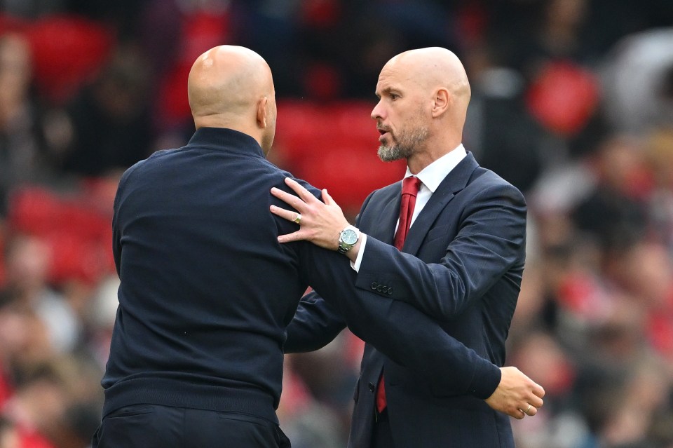 MANCHESTER, ENGLAND - SEPTEMBER 01: Erik ten Hag, Manager of Manchester United, interacts with Arne Slot, Manager of Liverpool, after the Premier League match between Manchester United FC and Liverpool FC at Old Trafford on September 01, 2024 in Manchester, England. (Photo by Michael Regan/Getty Images)