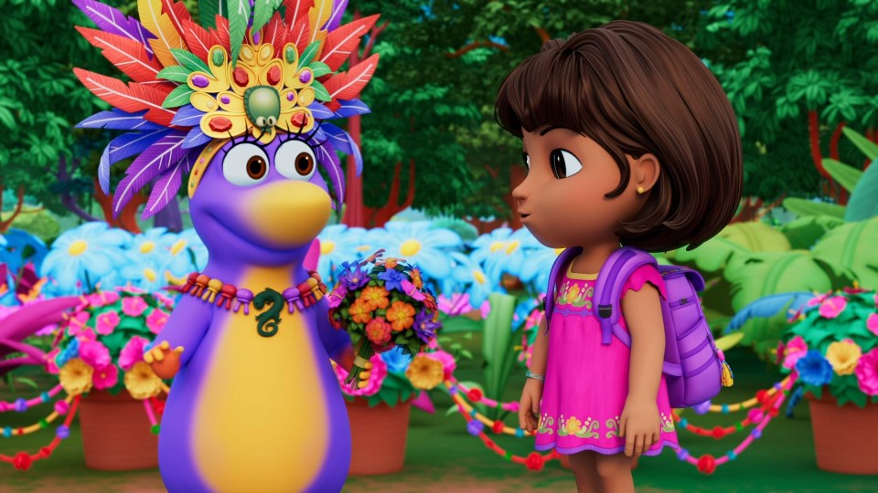 a girl with a backpack stands next to a cartoon character