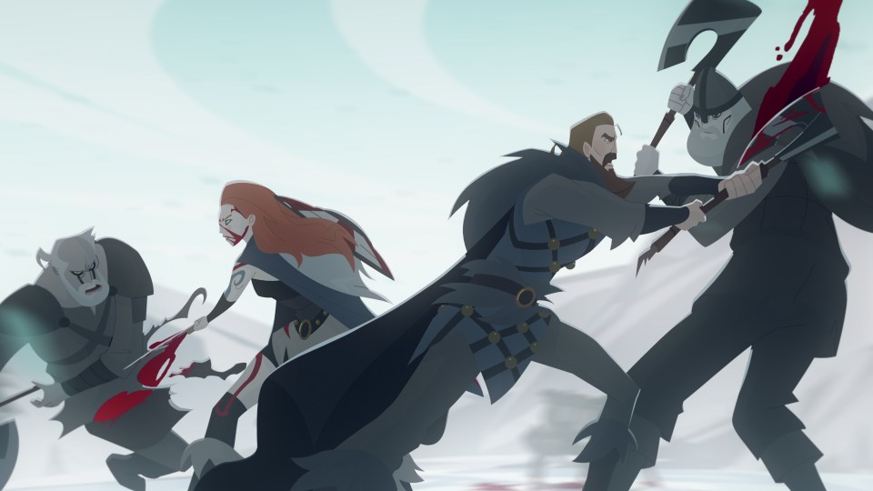 a group of cartoon characters fighting with axes and swords
