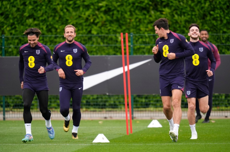 (left to right) England's Jack Grealish, Harry Kane, Harry Maguire and Declan Rice during a training session at Tottenham Hotspur Training Ground, London. Picture date: Monday September 9, 2024. PA Photo. See PA story SOCCER England. Photo credit should read: Nick Potts/PA Wire. RESTRICTIONS: Use subject to FA restrictions. Editorial use only. Commercial use only with prior written consent of the FA. No editing except cropping.