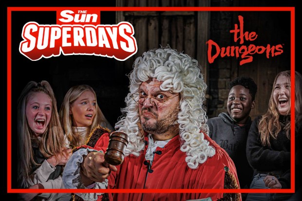 a man in a wig is holding a gavel in front of the sun superdays logo