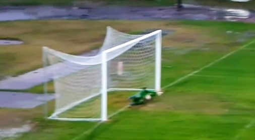 a soccer goalie is diving to catch a ball in a goal .