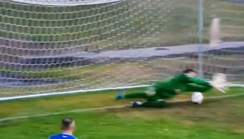 a soccer goalie is diving to catch a soccer ball on a field .