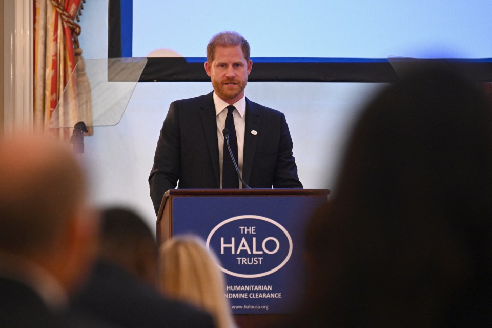 a man stands at a podium that says the halo trust