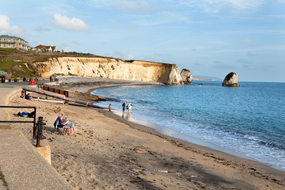 people on a beach with cliffs in the background