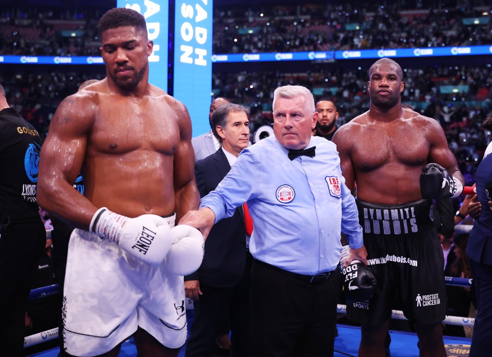 a referee stands between two boxers wearing leone gloves