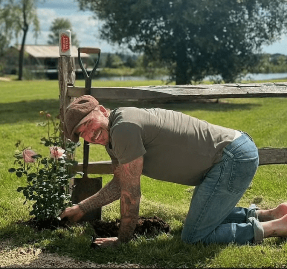 a man kneeling in the grass with a bottle of stella artois