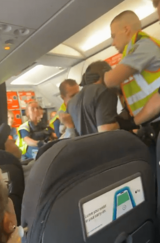 a man is being escorted off an airplane by a group of men