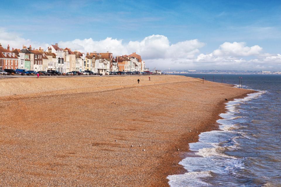 a beach with a row of houses in the background