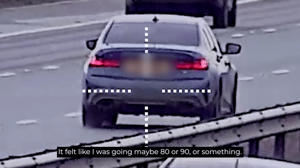 a car is driving down a highway with the words `` it felt like i was going maybe 80 or 90 or something '' .