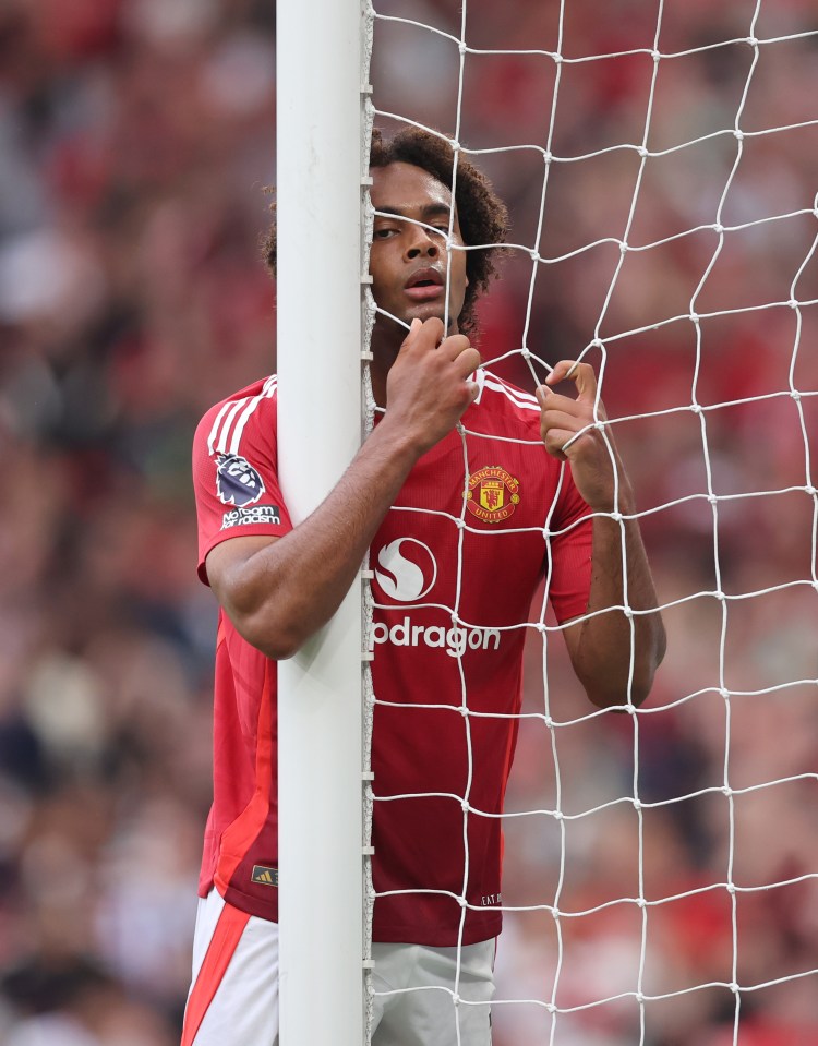a man in a red manchester united jersey stands behind a soccer net