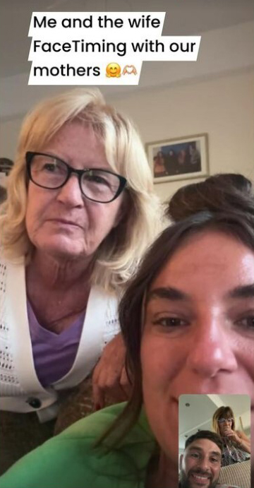 a man and a woman are having a video call with their mothers .