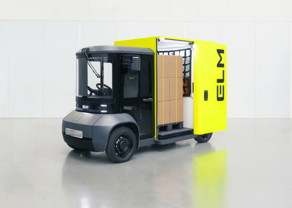 a yellow van with the word elm on it