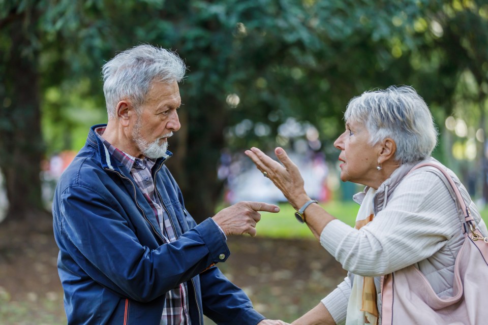 An older couple arguing in a park.