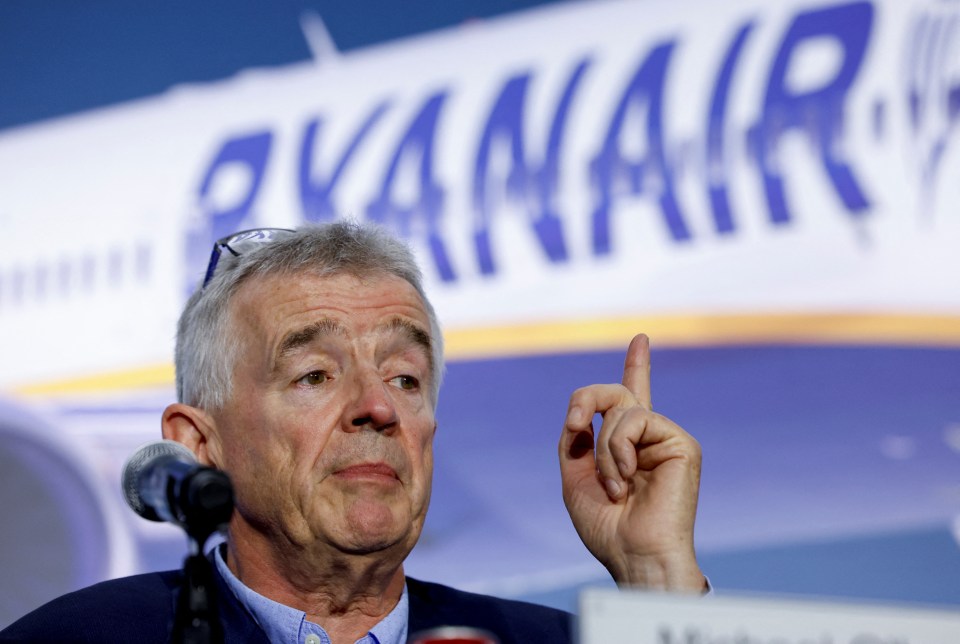 a man stands in front of a ryanair plane