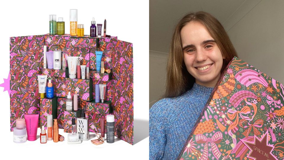 a woman is smiling next to a display of beauty products