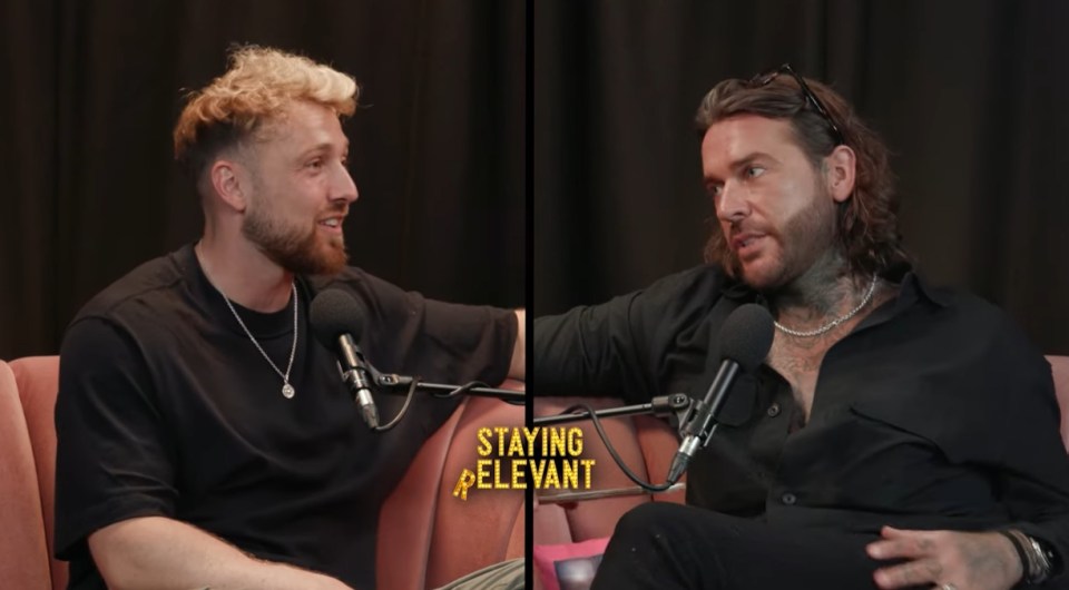 two men are sitting on a couch with a sign that says staying relevant