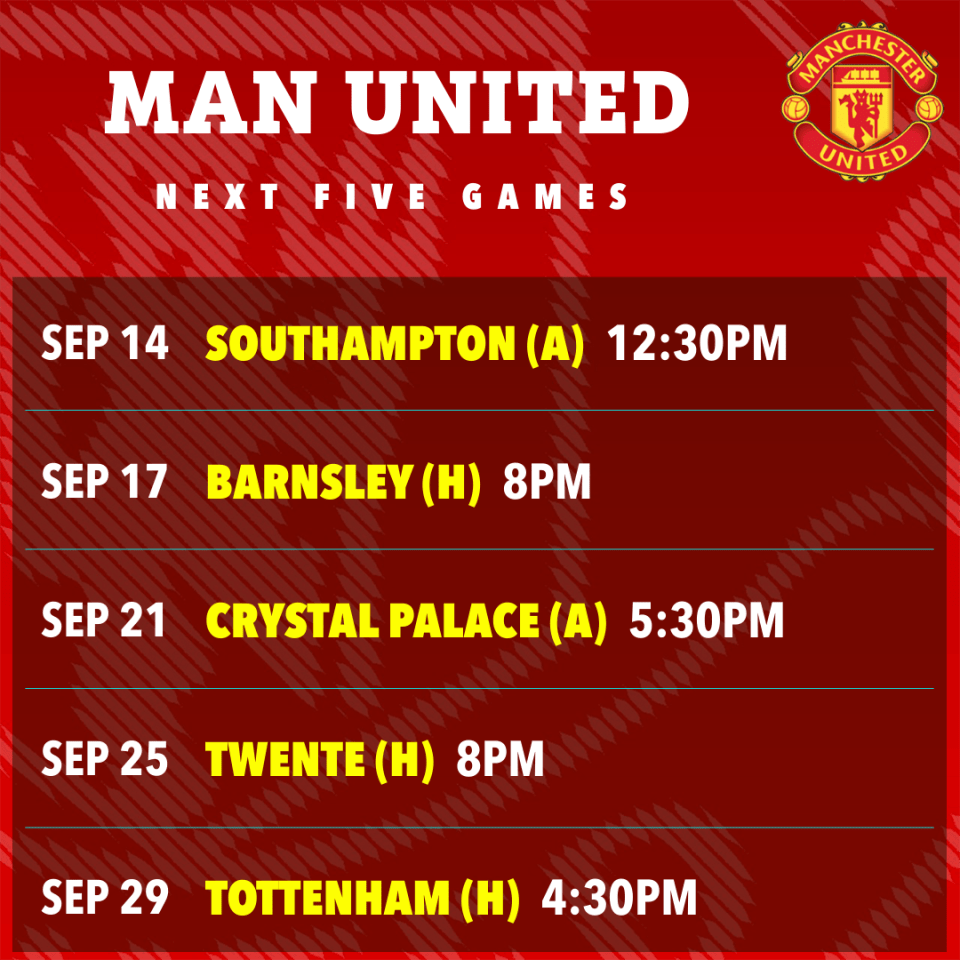 manchester united next five games schedule on a red background