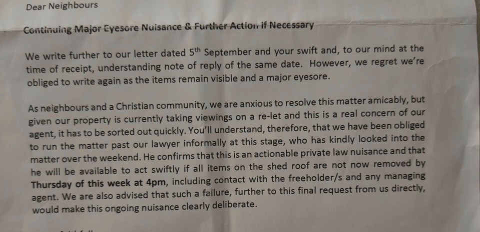 a letter from dear neighbours dated september 5th